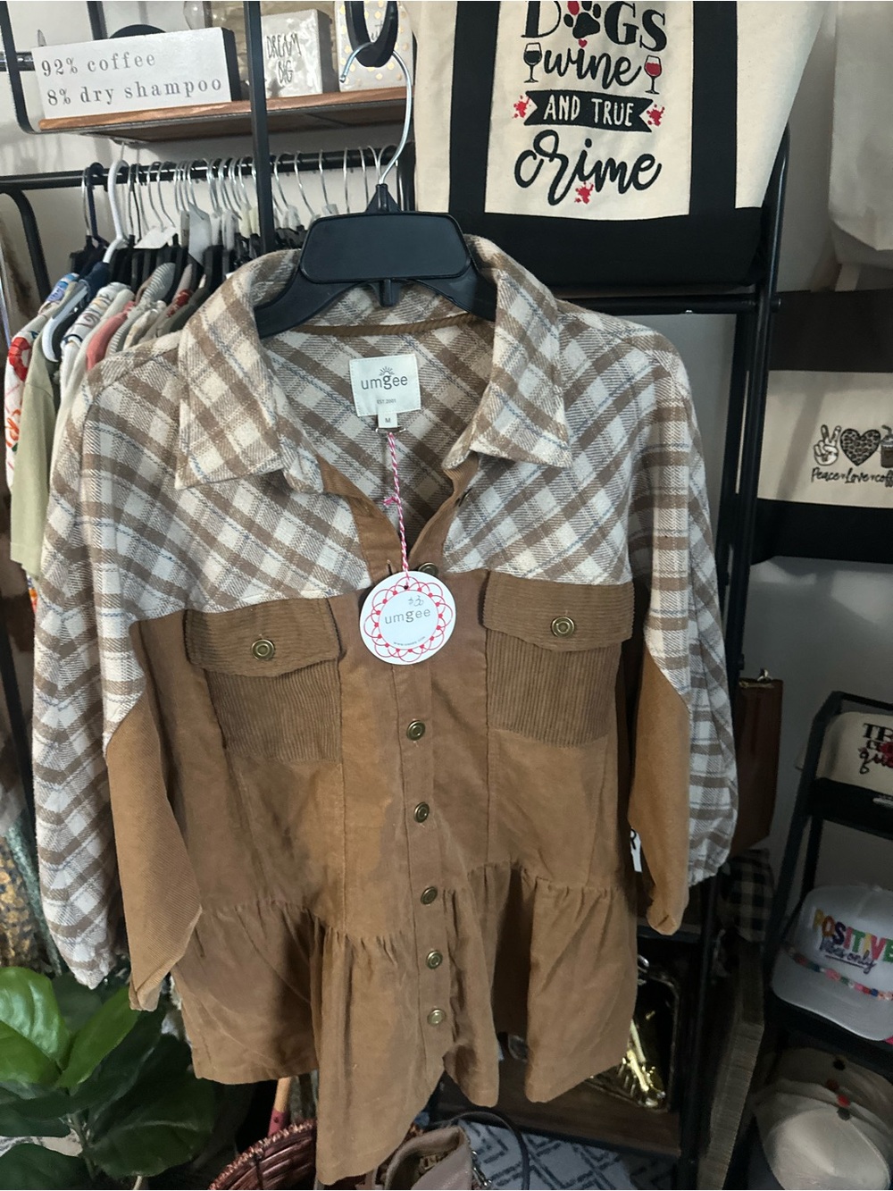 Umgee Brown Plaid Yoke & Corduroy Button-Front Utility Jacket